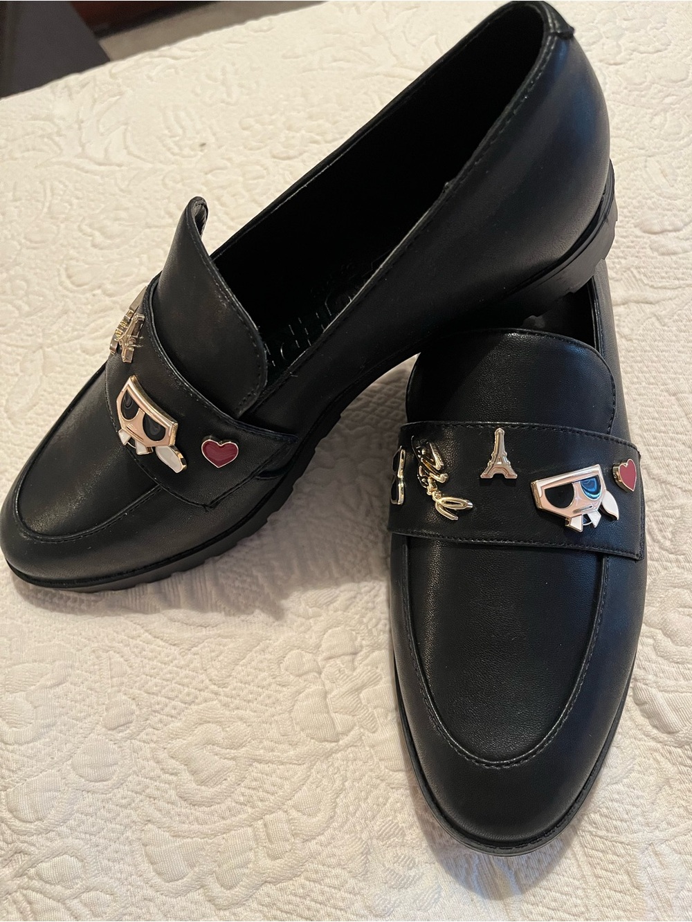 Karl Lagerfeld Black Leather Loafers with Gold & Enamel Charms - Picture 6 of 12
